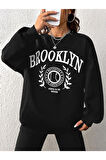 Unisex Siyah Brooklyn Baskılı Bisiklet Yaka Oversize Sweatshirt