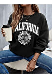 Unisex Siyah California Baskılı Bisiklet Yaka Oversize Sweatshirt