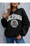 Unisex Siyah California Baskılı Bisiklet Yaka Oversize Sweatshirt