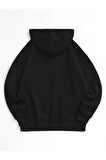 Unisex Siyah Kurukafa Baskılı Oversize Kapşonlu Sweatshirt