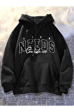 Unisex Siyah Needs Baskılı Kapüşonlu Oversize Sweatshirt