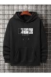 Unisex Siyah Ön Baskı Detaylı Oversize Kapşonlu Sweatshirt
