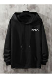 Unisex Siyah Nasa Yazı Baskılı Oversize Kapşonlu Sweatshirt