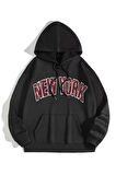 Unisex Siyah Newyork Baskılı Kapşonlu Oversize Sweatshirt