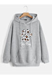 Unisex Gri Pati Baskılı Kapşonlu Oversize Sweatshirt