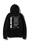 Unisex Siyah Silence Baskılı Oversize Kapşonlu Sweatshirt