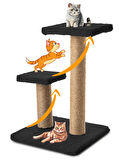 Beylini  2'li Kedi Tırmalama Tahtası Peluş Kumaş Silinebilir Demonte 42 cm 2 Adımlı Zıplama ve Tırmalama Siyah