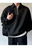 Polo Yaka Yarım Fermuarlı Unisex Oversize Sweatshirt