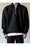 Polo Yaka Yarım Fermuarlı Unisex Oversize Sweatshirt