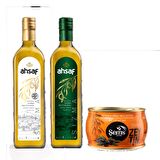 Soğuk Sıkım Natürel Sızma Zeytinyağı  1L Cam +Yağlı  Siyah Sele Zeytin 300 Gr 291-320  Kalibre + Natürel Sızma Zeytinyağı 1L -Cam (3'lü Ekonomik Paket)