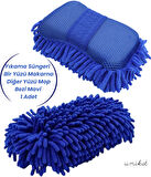 Premium Mikrofiber Araba Yıkama Süngeri – Bir Yüzü Makarna, Diğer Yüzü Mop Bezi Mavi 1 Adet