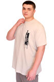 Mode XL Büyük Beden Erkek T-Shirt Bisiklet Yaka NOT DEFINETS Baskılı U25009 Bej