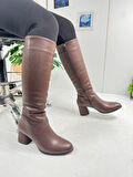 Günlük Kadın Yüksek Kalın Topuklu Fermuarlı Diz Altı Rahat Çizme 3001