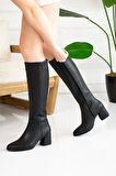 Günlük Kadın Yüksek Kalın Topuklu Fermuarlı Diz Altı Rahat Çizme 3001