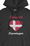 Kopenhang Danimarka Bayraklı Kalpli Siyah Sweatshirt Hoodie