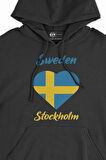 Stockholm İsveç Bayraklı Kalpli Siyah Sweatshirt Hoodie