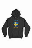 Stockholm İsveç Bayraklı Kalpli Siyah Sweatshirt Hoodie