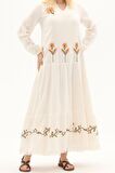 Şile Bezi Krem Uzun Kol Nakışlı Uzun Yazlık Elbise
