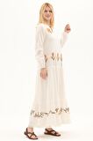 Şile Bezi Krem Uzun Kol Nakışlı Uzun Yazlık Elbise