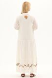 Şile Bezi Krem Uzun Kol Nakışlı Uzun Yazlık Elbise