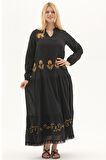 Şile Bezi Siyah Uzun Kol Nakışlı Uzun Yazlık Elbise