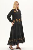 Şile Bezi Siyah Uzun Kol Nakışlı Uzun Yazlık Elbise