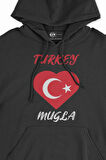 Muğla Türkiye Bayraklı Kalpli Siyah Sweatshirt Hoodie