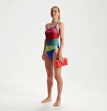 Speedo Placement Digital Turnback Kadın Yüzücü Mayosu Kırmızı-Yeşil