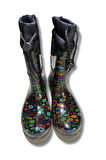Konçlu Peluşlu Kadın Yağmur Çizmesi 36-40 Yeşil Çiçekli