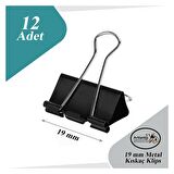 Çelik Kıskaç Klips 19 mm 12 Adet 1 Paket Metal Mandal Binder Clips Kıska 30 Sayfa Kapasiteli Çok Amaçlı Kullanım