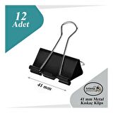 Çelik Kıskaç Klips 41 mm 12 Adet 1 Paket Metal Mandal Binder Clips Kıska 180 Sayfa Kapasiteli Çok Amaçlı Kullanım