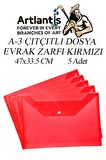 A3 Çıtçıtlı Dosya Kırmızı 5 Adet A-3 Çıt çıtlı Zarf Dosya Transparan 47x33.5 cm Büyük Boy Çıtçıtlı Dosya