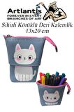 Körüklü Kalemlik Kedi 1 Adet Mavi Renk Sihirli Körüklü Deri Kalemlik Kalem Çantası Sevimli Kedi Kalem Kutusu