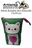 Körüklü Kalemlik Kedi 1 Adet Yeşil Renk Sihirli Körüklü Deri Kalemlik Kalem Çantası Sevimli Kedi Kalem Kutusu