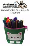 Körüklü Kalemlik Kedi 1 Adet Yeşil Renk Sihirli Körüklü Deri Kalemlik Kalem Çantası Sevimli Kedi Kalem Kutusu