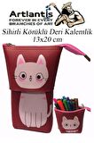 Körüklü Kalemlik Kedi 1 Adet Kırmızı Renk Sihirli Körüklü Deri Kalemlik Kalem Çantası Sevimli Kedi Kalem Kutusu