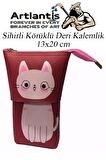 Körüklü Kalemlik Kedi 1 Adet Kırmızı Renk Sihirli Körüklü Deri Kalemlik Kalem Çantası Sevimli Kedi Kalem Kutusu