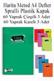 A4 Okul Defteri Spiralli Plastik Kapak 60 Yaprak Çizgili 3 Adet ve 60 Yaprak Kareli 3 Adet Spralli Harita Metod