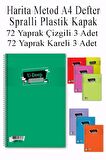 A4 Okul Defteri Spiralli Plastik Kapak 72 Yaprak Çizgili 3 Adet ve 72 Yaprak Kareli 3 Adet Spralli Harita Metod