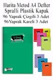 A4 Okul Defteri Spiralli Plastik Kapak 96 Yaprak Çizgili 3 Adet ve 96 Yaprak Kareli 3 Adet Spralli Harita Metod