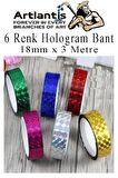 Renkli Hologram Bant 6 Renk 12 Adet 18mm x 3 Metre Yaldızlı Metalik Desenli Fosforlu Hologram Bant Hobi Tasarım