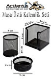 Masa Üstü Siyah Fileli Kalemlik Çöp Kovası ve 3 Katlı Evrak Rafı 5 Parça 1 Paket 5 li Masa Üstü Düzenleyici Kalemlik Küp Notluk Ataşlık