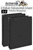 Siyah 4 Halkalı Klasör 2 Adet A4 PVC Öğrenci ve Ofis Tipi Evrak Sunum Klasörü İç Cepli Otomatik Mekanizmalı Büro Okul Arşivle