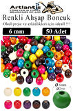 Renkli Ahşap Boncuk 6mm 50 li 1 Paket Renkli Ahşap Boyalı Yuvarlak Doğal Boncuklar Saç Takı Tasarım Ektinlik Kreş Okul