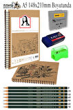 Telli A5 Kraft Eskiz Defteri Spiralli 50 Yaprak Karakalem Çizim Seti Fatih Dereceli Kalem Yandan Açmalı Sketch Pad Sigi