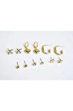 Kalp Yıldız ve Uçak Figürlü Gold Renkli Halka Tektaş ve Top Küpeli 6lı Unisex Küpe Seti