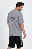 Gymwolves Erkek Over Size Spor T-Shirt | Sırta Kurt  Baskılı | Workout T-Shirt | Tişört | Light Grey |