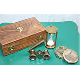 Büro Ev Ofis Hediyesi için Ahşap Kutulu Pirinç Pusula Kum Saati Dürbün Seti