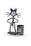 Büro Ev Ofis Hediyesi için 17X12CM Metal Kalemlikli Saksofonlu Kedi Masa Saati