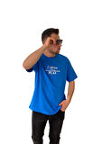 Erkek Tişört Baskılı Bisiklet Yaka Oversize Saks Mavi Comfort T-shirt Erkek Tshirt